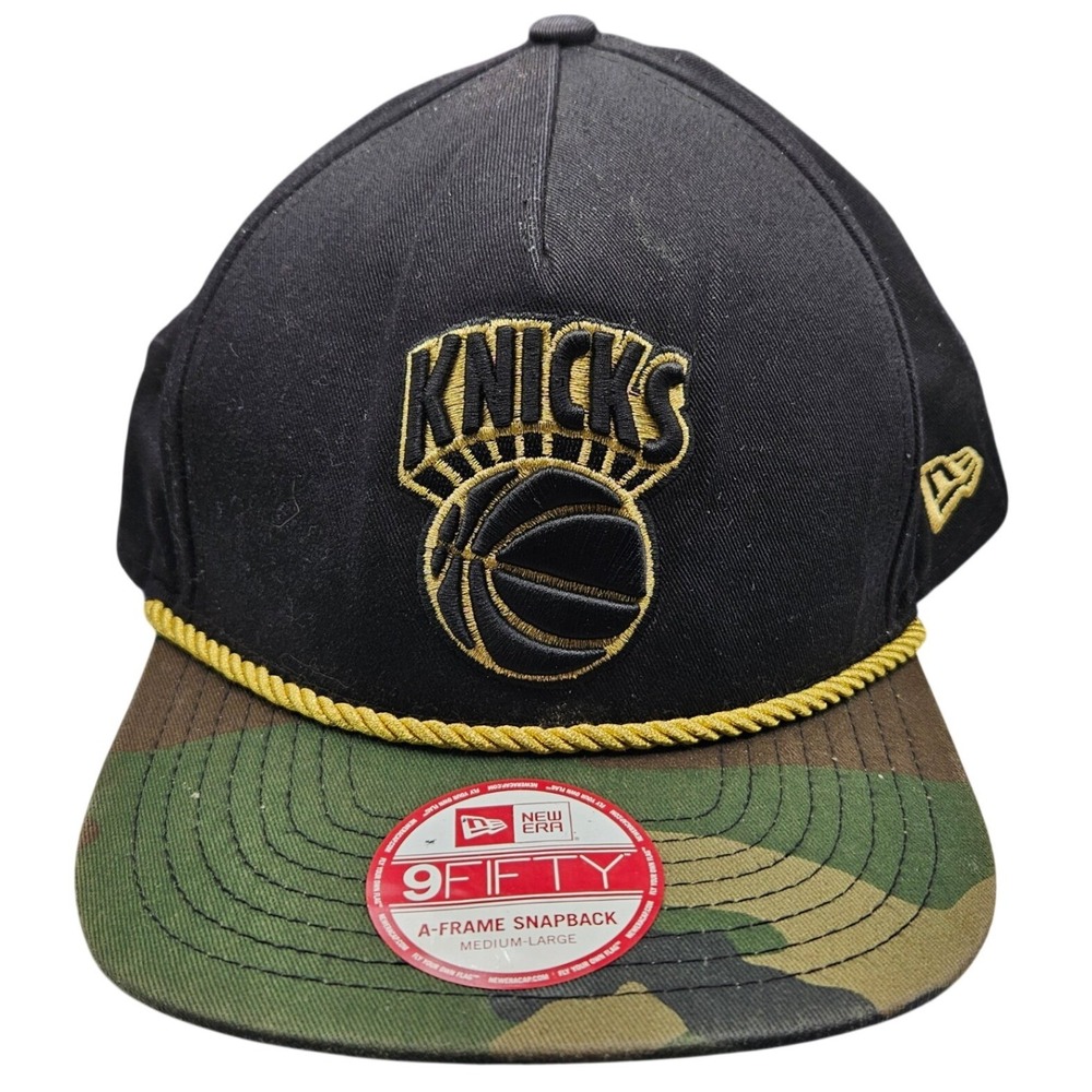 New Era Knicks Snapback Hat Mens M/L Black Camo Good Gold Rope 9FIFTY A-Frame